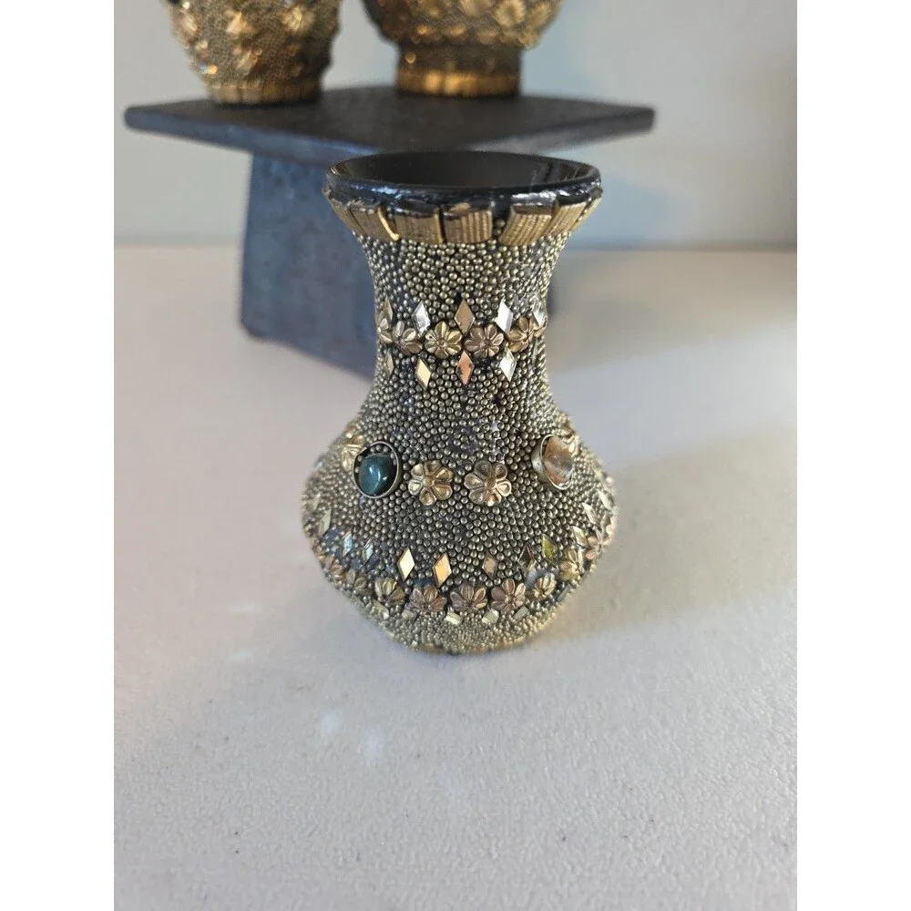 Set Of 3 Vtg Ceramic Bud Vases Hand Decorated w/ Beads, Mirrors, Natural Stones